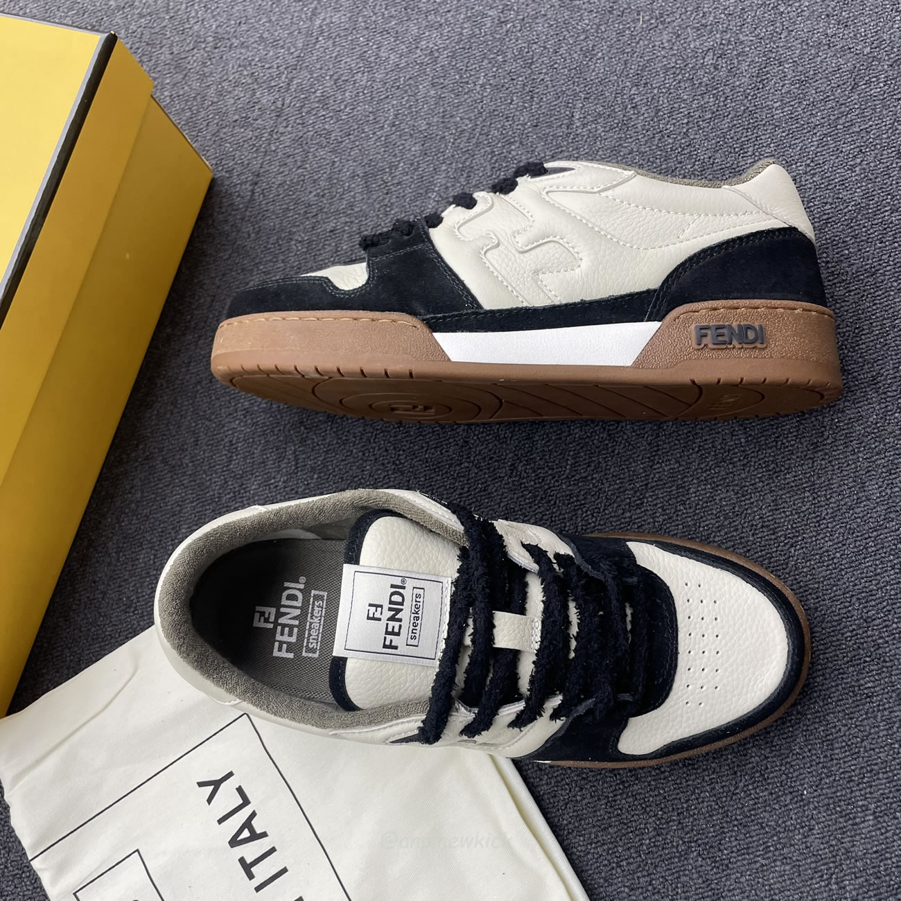 Fendi Match Cream Black White Suede And Leather Low Top Sneakers (6) - newkick.vip